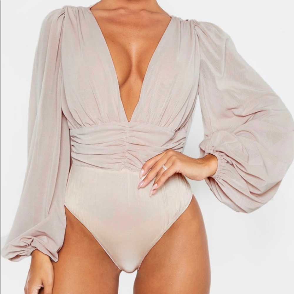 NUDE MESH RUCHED WAISTBAND BODYSUIT